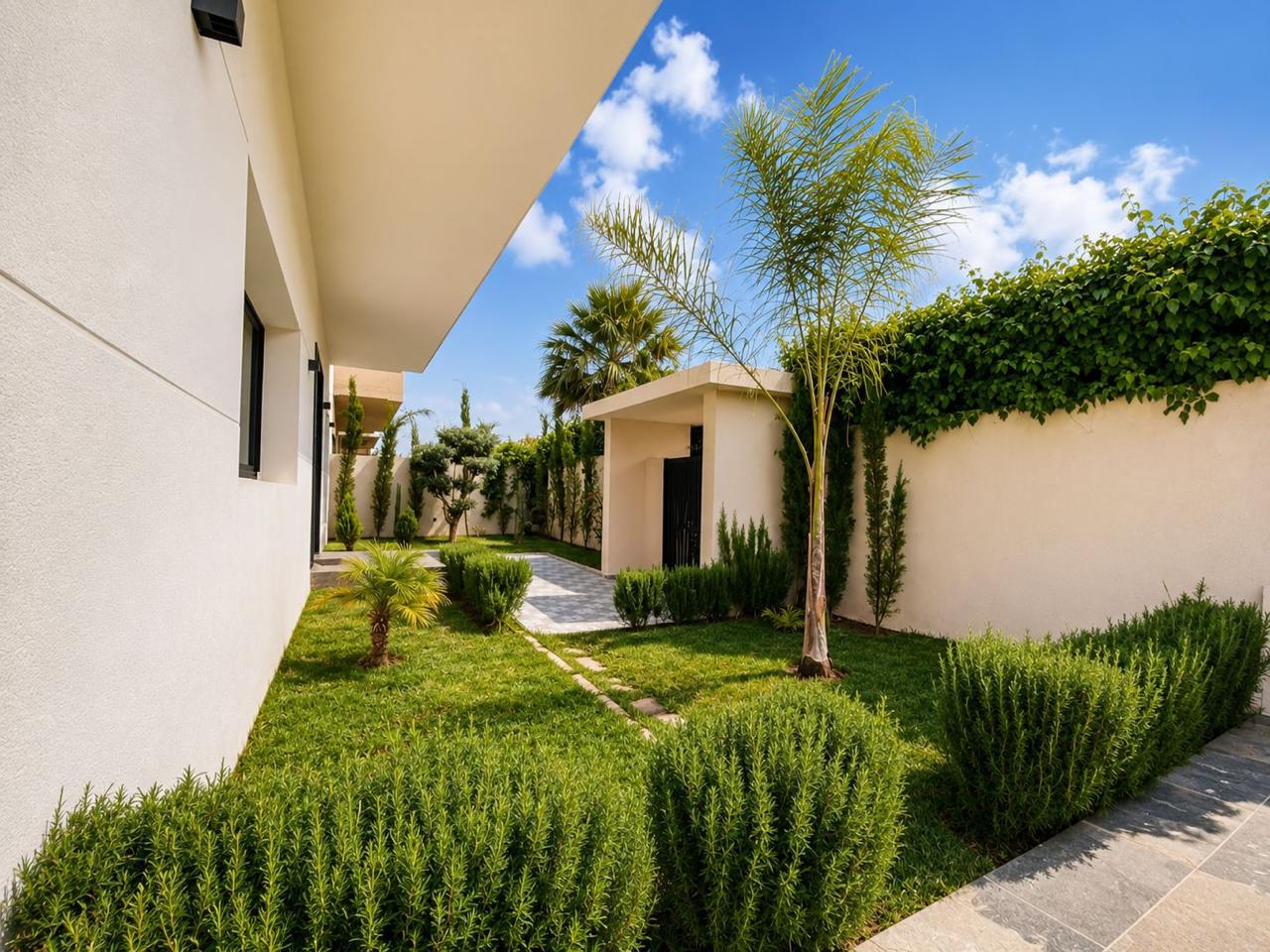Landscaped side garden with palms and stone pathway at The Majorelle