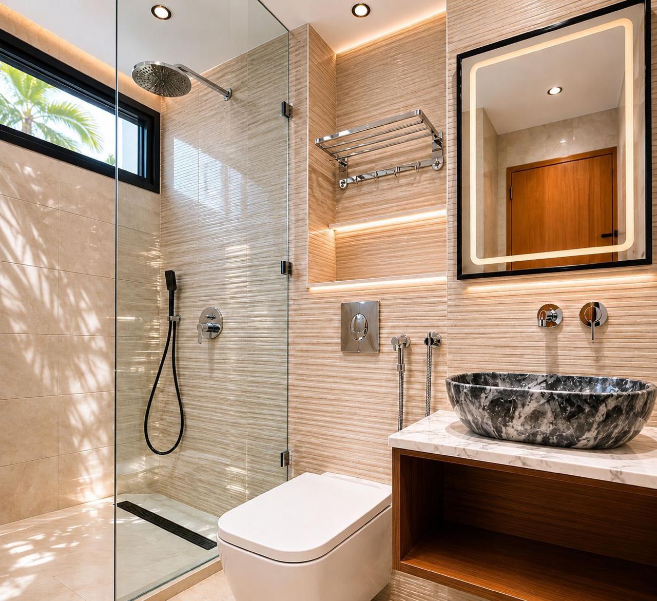 Travertine en-suite bathroom with walk-in rain shower at The Majorelle